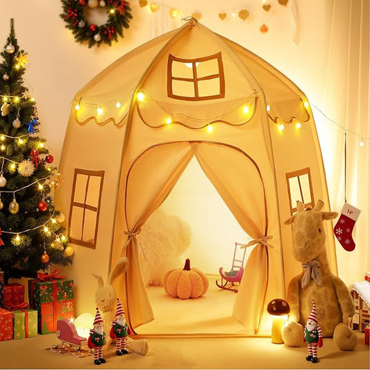 besrey Kids Play Tent, Large Kids Playhouse with 1 Door & 3 Windows, Children's Fort with Star Lights, Indoor & Outdoor Playhouse, Hexagonal Toddler Tent, 61" x31.5" x 51", White