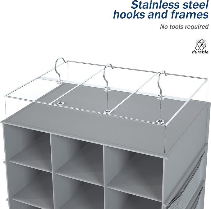 Hanging Shoe Rack for Closet,18+2 Sections Hanging Shoe Closet Organizers and Storage with 10 Side Mesh Pockets,Space-Saving Shoe Storage & Holder,Grey