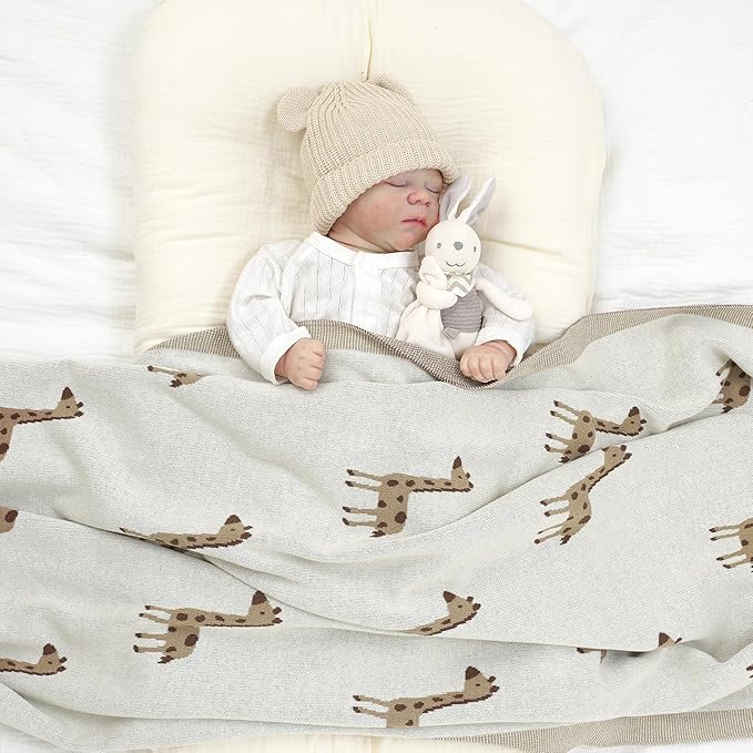 Opewod Soft Cotton Knit Baby Blanket with Cute Deer Print 40x30in Newborn Receiving Blanket Swaddle Cuddle Blanket for Crib, Stroller, or Nursery for Infants & Toddlers White