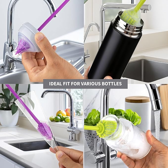 A-Brush Silicone Bottle Cleaner Brush, 2 Piece Set, Flexible, Long Handle - Water Bottle Cleaner, Baby Bottle Nipple Brush for Plastic & Glass, BPA-Free Dish Washing Brush A2S Protection