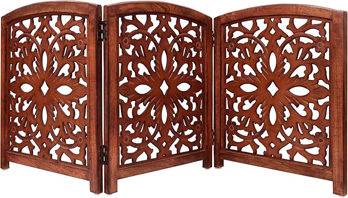 Croft&Cane Wooden Foldable Pet Dog Gate – Hand Carved 3-Panel Freestanding Dog Fence - 60 W x 24 H - Solid Wood & MDF Indoor Doorway Hallway Stairs Safety Barrier – Portable Puppy Gate - Walnut Brown