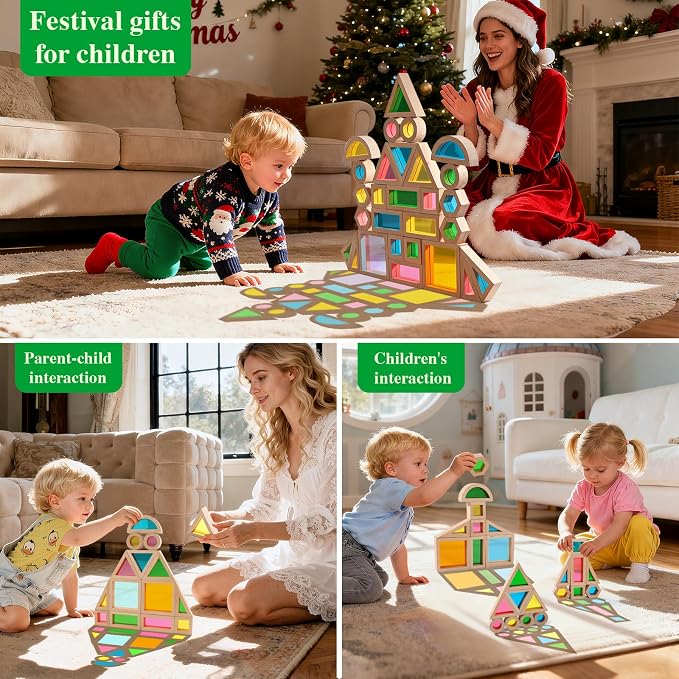 Wooden Building Blocks Set with Colored Acrylic Windows - 32 Pieces - Montessori Light Table Educational Sensory Stacking Toys for Toddlers & Preschoolers Ages 18M+