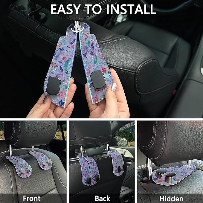 Blusabaca 2PCS Car Seat Back Storage Headrest Hooks, Cute Axolotl Purse Holder Bags Hanger, PU Leather Double Metal Hook for Backseat Organizer, Women Car Accessories Organization