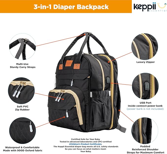 keppii essential™ 3-in-1 Diaper Backpack – Waterproof, USB Port, 16 Pockets & Changing Station | CPC Certified (Black)