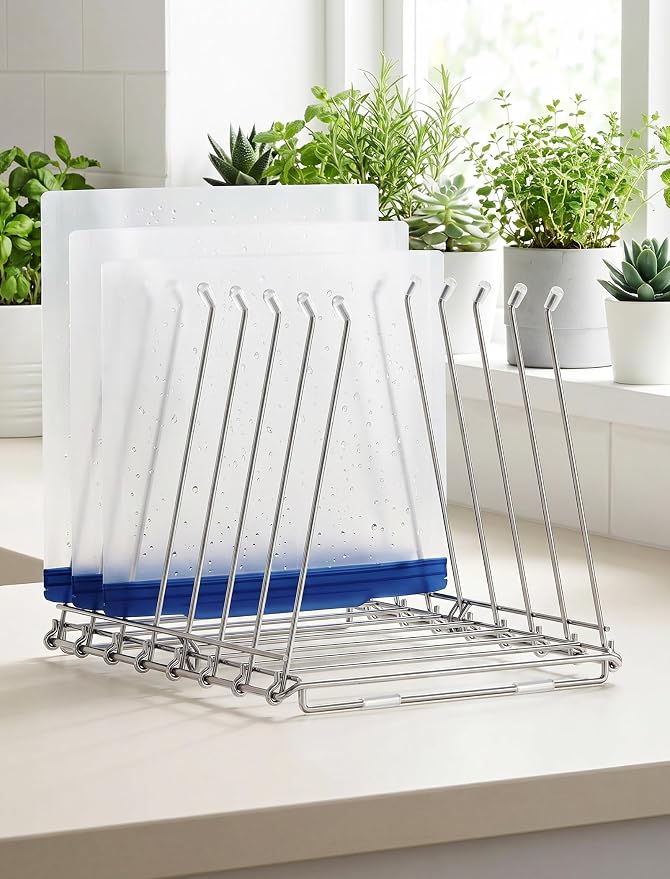 NiHome 2-in-1 Foldable Drying Rack – Stainless Steel Holder for Ziplock Bags, Plastic & Silicone Storage Bags, Cups, Dishes, and Baby Bottles. A Rust-Resistant Kitchen Drying Stand