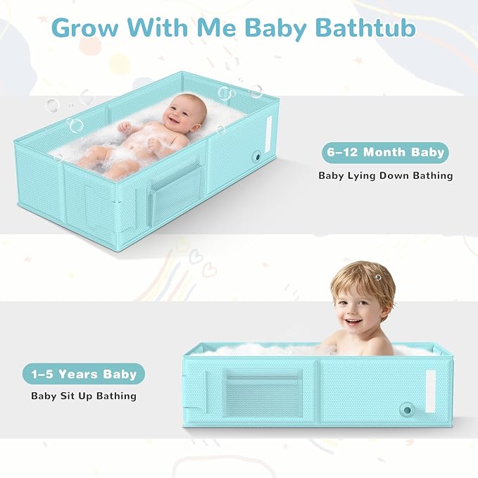 Collapsible Baby Bathtub, Foldable Toddler Bath Tub with Chick Pattern Bath Rinse Cup, No Assembly Portable Travel Bathtub for 6M-5Y, Ideal for Shower, Travel Essentials & Baby Registry Gift