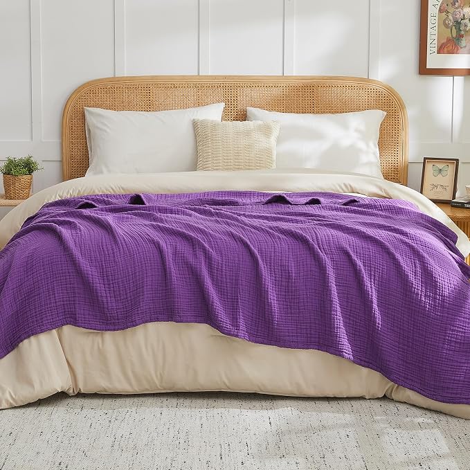 EMME Cotton Muslin Large Throw Blanket Couch 4-Layer Breathable Gauze Blanket Soft Lightweight Bed Blankets Adults (Purple, 50"x71")