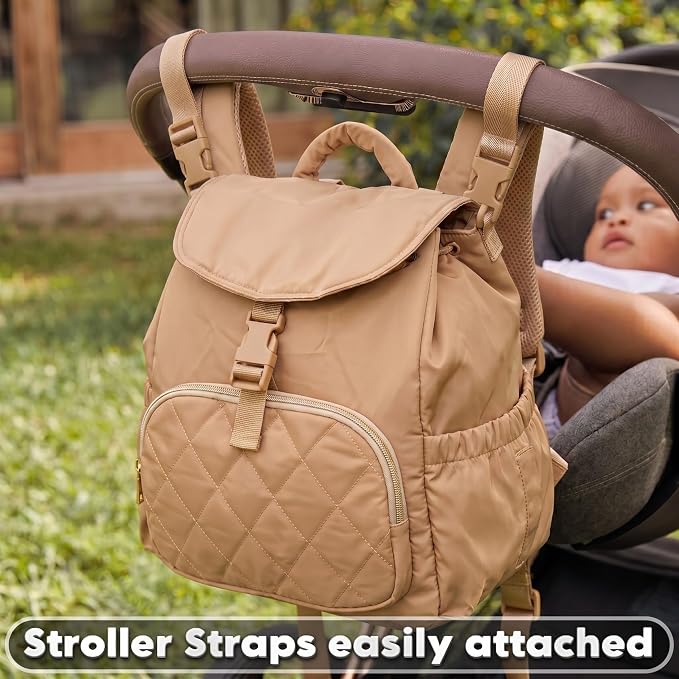 Diaper Bag Backpack for Mom & Dad - Large Baby Bag with Changing Pad & Stroller Straps - Laptop Pocket & Bottle Holder - Polyester, Water-Resistant & Travel Diaper Backpack - Soft Shell - Biege Color