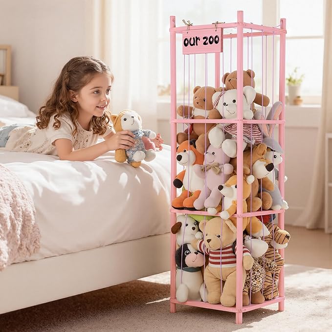 LAMU Stuffed Animal Storage, Wooden Zoo Stuffed Animal Holder with Elastic Cords, Space Save Toy Organizer, Extra Large Capacit Stuffed Animal Organizer for Playroom, Bedroom, Nursery, Pink
