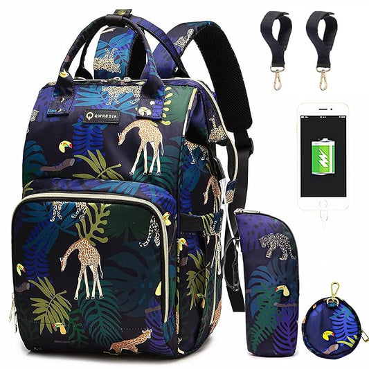 Diaper Bag Backpack, Animal Print Travel Nappy Bag with USB Charging Port Stroller Straps and Insulated Pocket For Women/Mum (Animal Print Pattern)