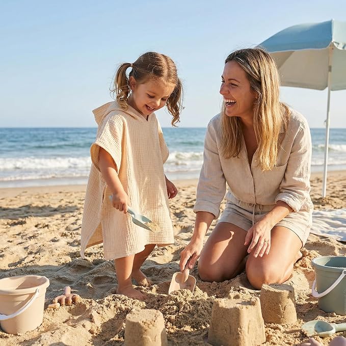 Frienda Muslin Hooded Beach Towel for 3-6 Years Kids Soft Muslin Bath Poncho for Baby Absorbent Fast Drying Blankets for Boys Girls Newborns Toddler Beach Pool Bath Essentials(Khaki)