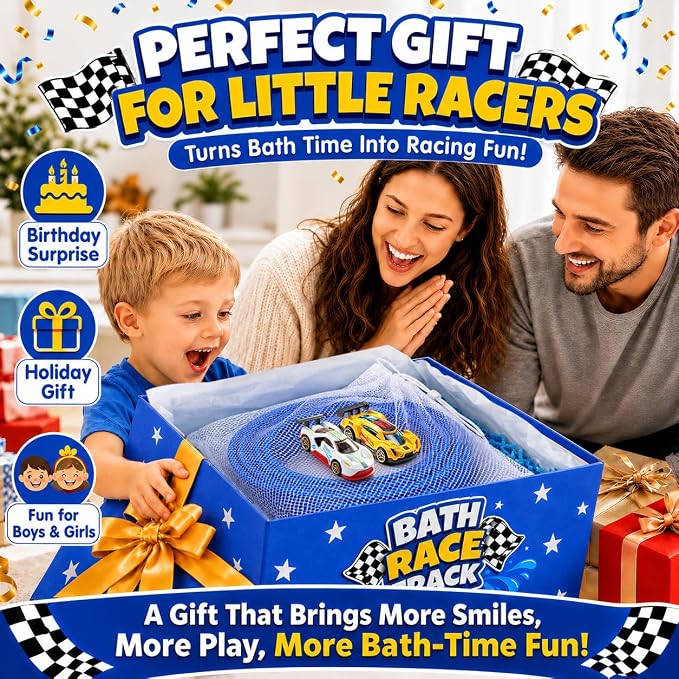 Race Car Bath Toys Set, Flexible Bathub Race Track Toys with 2 Cars for Kids, Hook Mount Fits All Bathtubs and Bag, Pool Water Toys Cars Bath Toys Gifts for Boys Girls