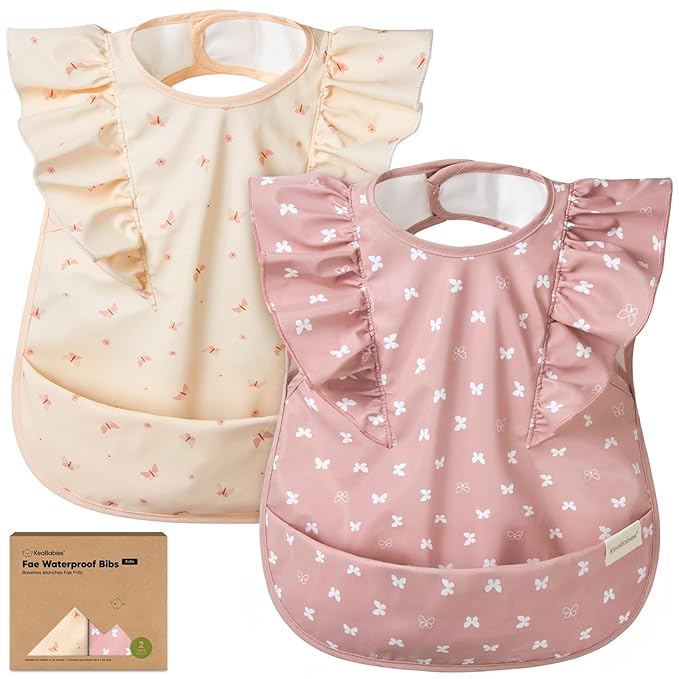 KeaBabies Waterproof Bibs for Baby Girl,Boy ??2-Pack Lightweight, Large Baby Bibs for Eating, Wearable Food Catcher, 6-12 Months Infant Feeding Essentials, Smock for Toddlers 1-3, Kids (Butterflies)