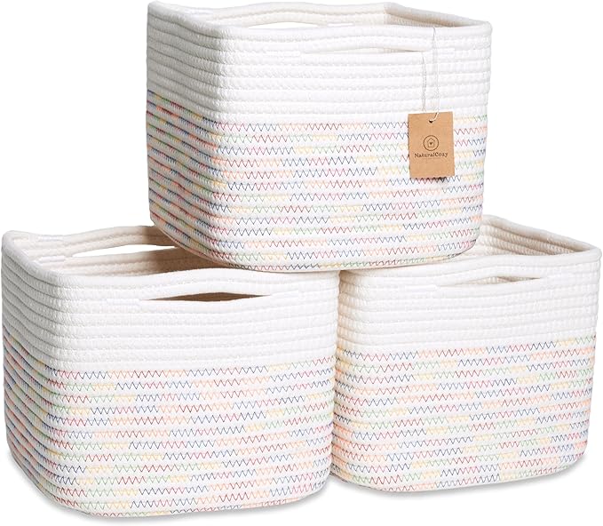 NaturalCozy Storage Cubes 9?�x9?�x7?�Cotton Rope Woven Baskets for Organizing 3-Pack | 9 Inch Cube Storage Bin | Small Basket for Shelf Nursery, Pantry, Decorative Plant, Bathroom Closet, Toy Gift