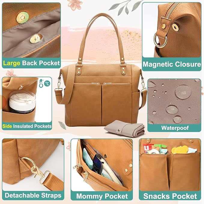 MOMINSIDE Diaper Bag Tote, Leather Diaper Bag Backpack with 14 Pockets for Mom Dad, Convertible Baby Bag for Boys Girls, Baby Registry, Changing Pad, Large 4 Insulated Pockets (Biscuit)