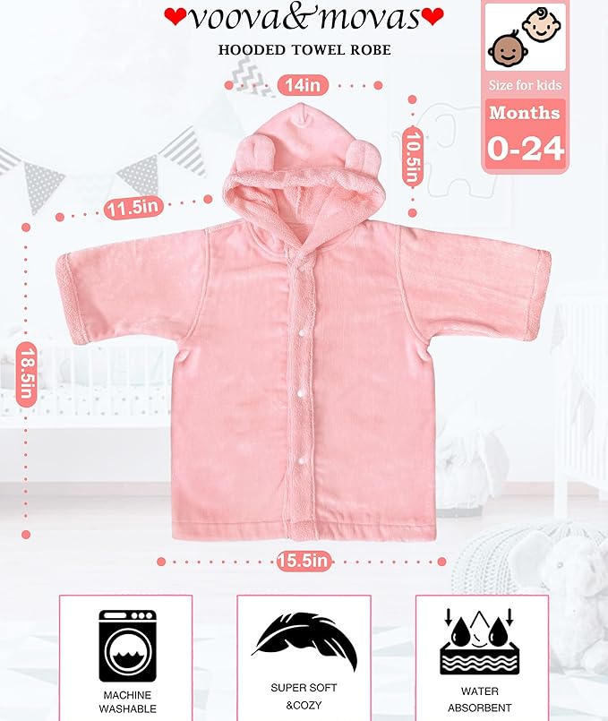 VOOVA & MOVAS Baby Hooded Towel with Bear Ear,0-24Months | 100% Cotton, Ultra-Soft & Absorbent | Gentle for Sensitive Skin, Bath, Pool & Beach Robe | Newborn (Pink)