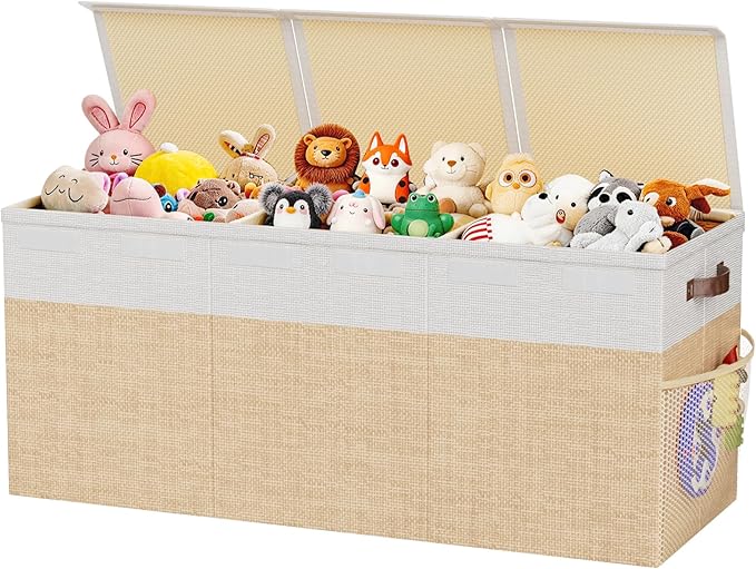 Dayacoco Extra Large Toy Box Chest with Lids, Collapsible Sturdy Kids Toy Storage Organizer Boxes for Boys Girls, Collapsible Sturdy Toys Chest Storage Organizer Bin Basket,40"X14"X16", Beige & White