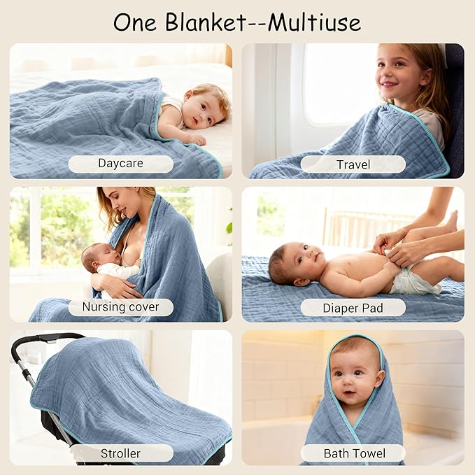ZPECC Muslin Baby Blanket Thicker, 30x40 Organic Cotton Newborn Receiving Quilt Hypoallergenic for Baby Essentials Swaddle Crib Stroller, Blue