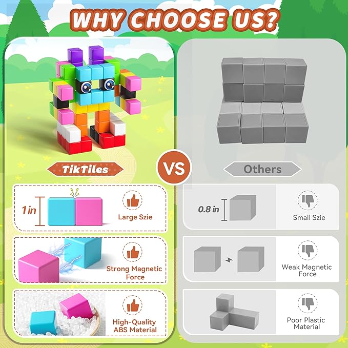 65PCS Magnetic Blocks with Magnet Eyes Toy, Magnetic Building Blocks with Storage Bag for Kids Gifts, STEM Preschool Sensory Magnetic Cubes for Toodlers Boys Girls Ages 3 4 5 6 7 8, Bright Color