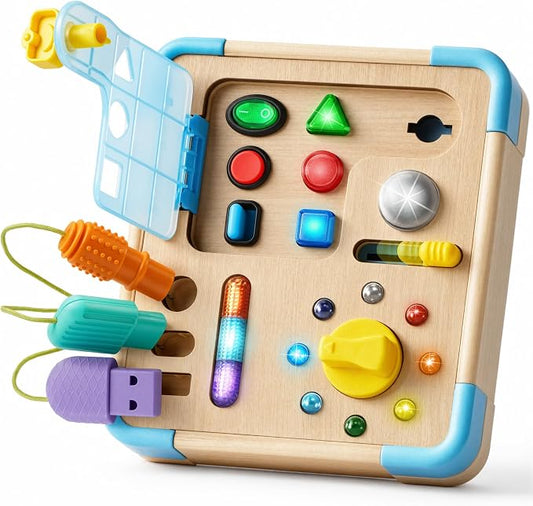 lalalark Busy Board with 15 LED Light – Montessori Learning Toddler Toy with 9 Sounds, 5 Switches & Plugs, Travel Toys Sensory Activity Board for 1 2 3 Years Old Boy & Girl Birthday Gift