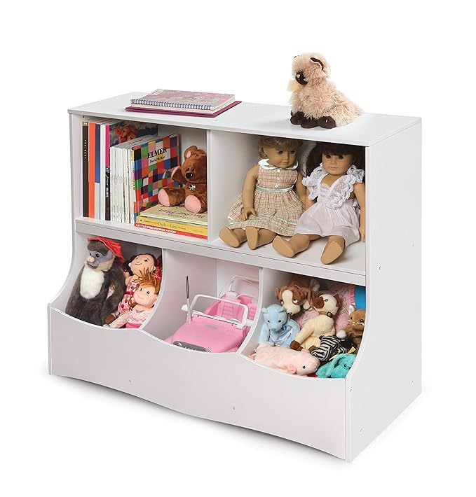 Badger Basket Multi-Bin Storage Cubby for Kids - Toy Organizer with 3 Cubbies, 2 Open Shelves, Display Top for Playroom or Bedroom - Storage Unit for Toys, Books & More - White
