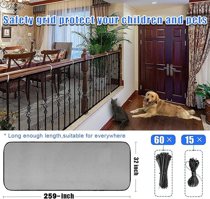 Baby Gate for Stairs, Banister Guard for Kids, Pets, Toys, 21.6ft L x 2.66 ft H, Mesh Netting Safety Net for Balcony Rail Stair, Stairway Net Baby Safety Products for Indoor & Outdoor (Black)
