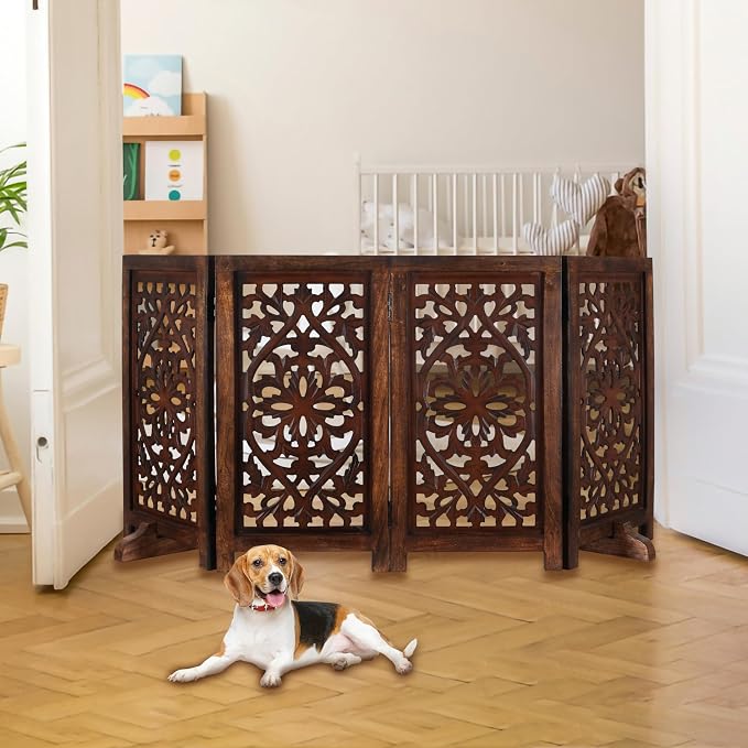 Free Standing Dog Gate – 4 Panel Foldable Wooden pet gate Indoor 56" W x 28" H, Hand-Carved Solid Wood & MDF, Portable Indoor Gate for Doorways, Halls, Stairs – Fully Assembled, Burnt Finish