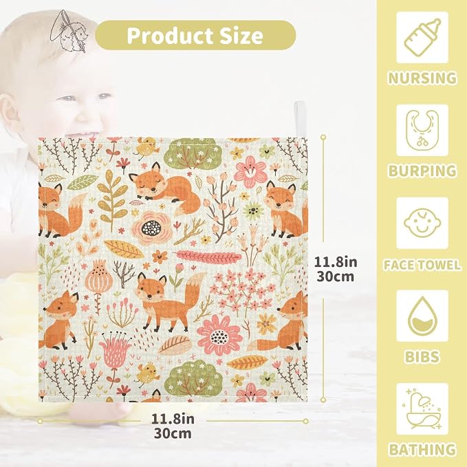 vvfelixl Baby Washcloths Cotton Foxes and Flowers Flesh Colored Baby Muslin Washcloths Soft Baby Face Towel for Newborn Infants Baby Wipes, 11.8 X 11.8 Inch, 5 Pack