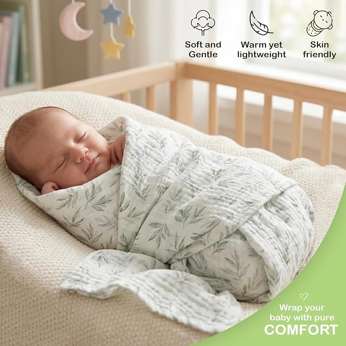 100% Organic Cotton Muslin Baby Blanket - 38x40 Inch Breathable Swaddle, Hypoallergenic Double-Layer, Versatile Use (Green/Ivory/Floral, 38x40 Inch)