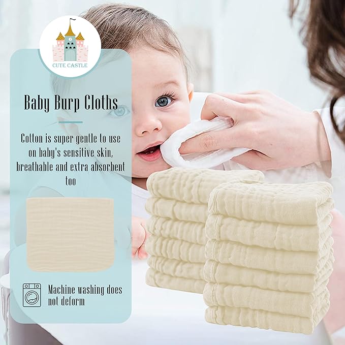 Cute Castle 12 Pack Muslin Burp Cloths for Baby - Ultra-Soft 100% Cotton Baby Washcloths - Large 20'' by 10'' Super Absorbent Milk Spit Up Rags - Burpy Cloths for Unisex, Boy, Girl - Ivory