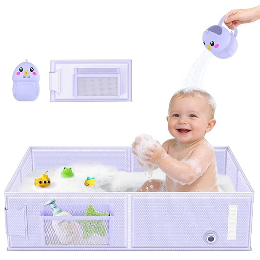 Collapsible Baby Bathtub, Foldable Toddler Bath Tub with Chick Pattern Bath Rinse Cup, No Assembly Portable Travel Bathtub for 6M-5Y, Ideal for Shower, Travel Essentials & Baby Registry Gift
