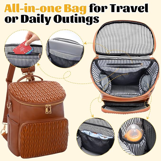 Minsong Diaper Bag Backpack, Fashion Leather Mommy Backpacks, Travel Baby Diaper Bags with in Bag Organizer and Changing Pad (Brown-stripes)
