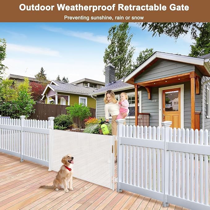 100" Wide Weatherproof Outdoor Retractable Gate for Dogs with No Rust Screws and Rods, Waterproof 8 Ft Extra Long Baby Gates for Large Openings, Scratch-Resistant Mesh Retractable Baby Gates, White