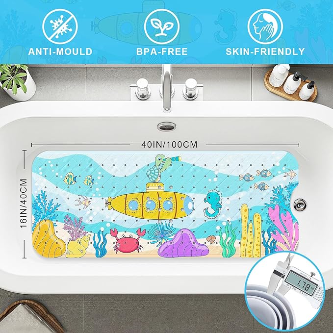 Upgrade Cartoon Baby Bath Mat Non Slip -40"x16" Extra Long Bathtub Mat for Baby Eco Friendly Durable Bath Mat for Tub Non Slip Kids Tub Mat with Suction Cups, Machine Washable and No Fading, Submarine