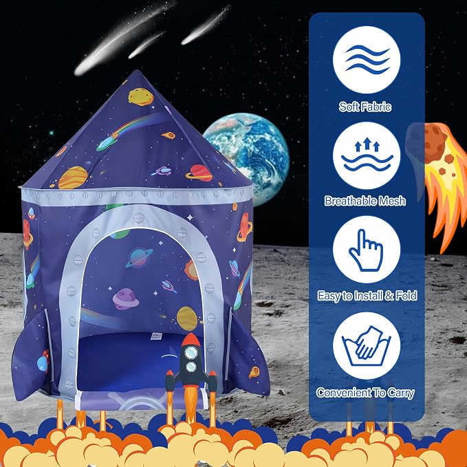 Rocket Space Ship Kids Play Tent Gift, Toddlers Playhouse Castle Toys, Baby Boys Girls Gift for 3 4 5 6 7 Year Old, Outdoor Indoor Teepee Tent