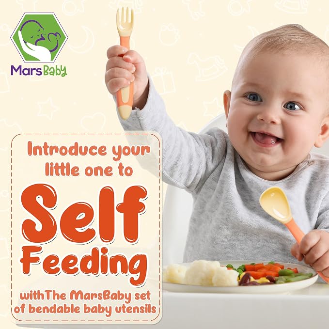 Mars Baby Silicone Baby Spoons Set for Self-Feeding - Bendable Learning Utensils for Toddlers - Perfect for Introducing Solids - With Travel Case - Orange