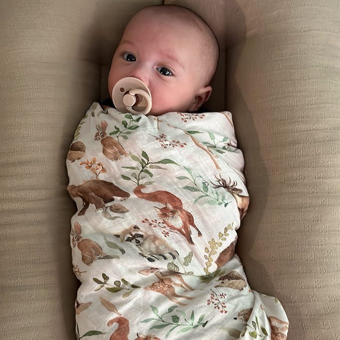 LifeTree Muslin Swaddle Blankets Neutral and Baby Burp Cloths for Newborn Girls Boys, 70% Viscose from Bamboo and 30% Cotton, Woodland Animals & Pine Tree