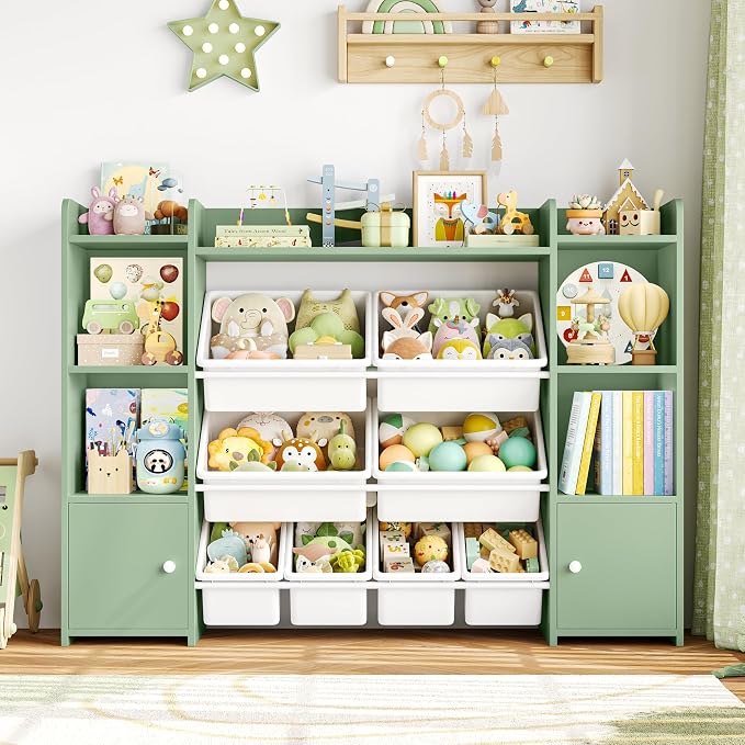 FOTOSOK Toy Storage Organizer with 8 Toy Bins, Toy Organizer Kids Bookshelf with 6 Storage Cubbies, Stuffed Animal Storage Organizer, Playroom Storage and Toy Chest, Green