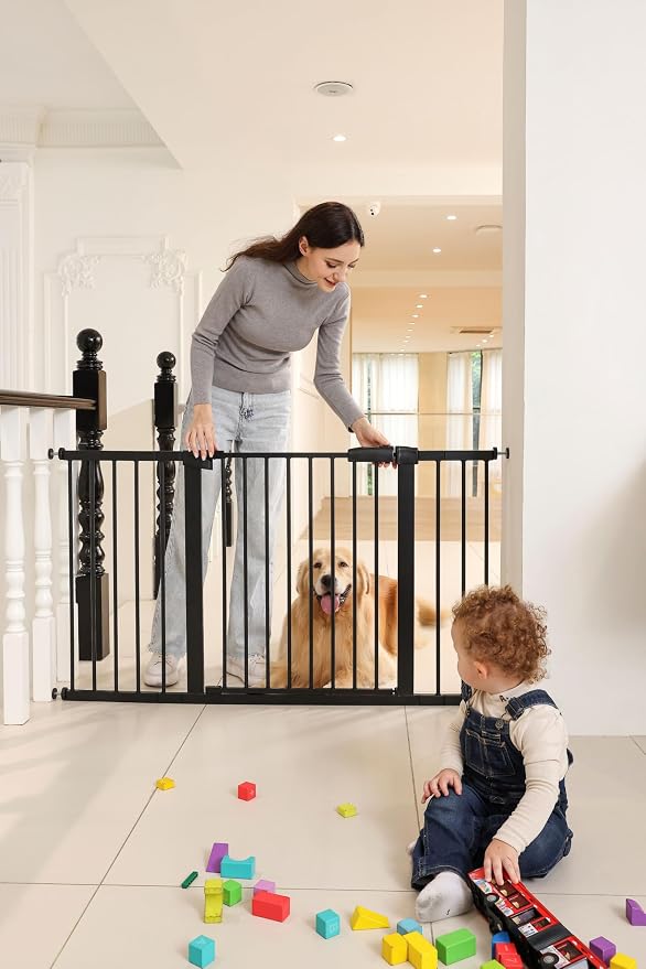 53.46"-55.63" Baby and Pet Safety Gate, 30" Tall Metal Walk-Thru Gate for Doorways & Stairs, Easy One-Hand Open, Dual Lock, Extensions & Wall Mounts Included (Brown, 29"-54" W x 30.5“H)