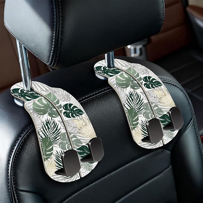 Blusabaca 2PCS Car Seat Back Storage Headrest Hooks, Tropical Leaf Purse Holder Bags Hanger, PU Leather Double Metal Hook for Backseat Organizer, Women Car Accessories Organization
