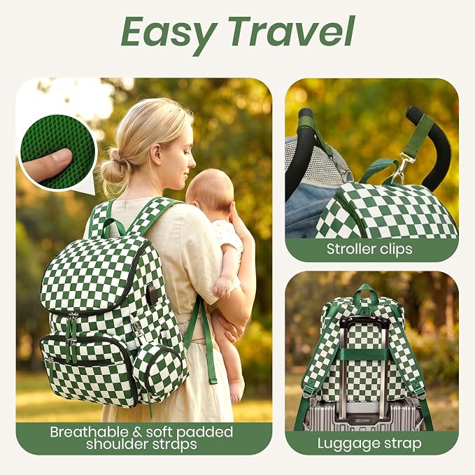 FHELAD Checkered Diaper Bag Backpack with Changing Pad & Stroller Clips, Large Travel Baby Diaper Bag for Newborn Moms, Baby Shower Gifts (Dark Green)