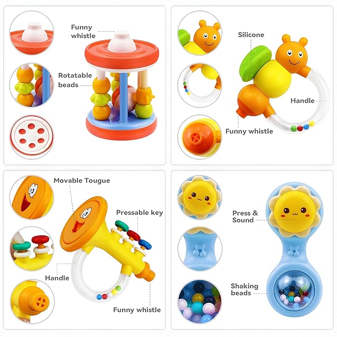 MOONTOY 12pcs Baby Rattles for Babies 0-6 Months Teething Toys 3-6 Months, Newborn Infant Teethers Baby Toys 6-12 Months, Montessori Baby Easter Basket Stuffers Gifts 1 2 3 4 5 6 7 9 10 Month Boy Girl