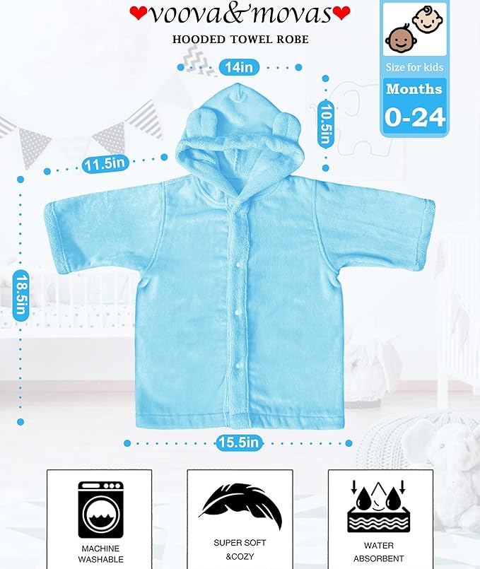 VOOVA & MOVAS Baby Hooded Bath Towel with Bear Ear,0-24Months | Ultra-Absorbent & Skin-Friendly Soft 100% Cotton for Newborns, Infants ??Pool, Beach, Bath Time | Perfect, Blue