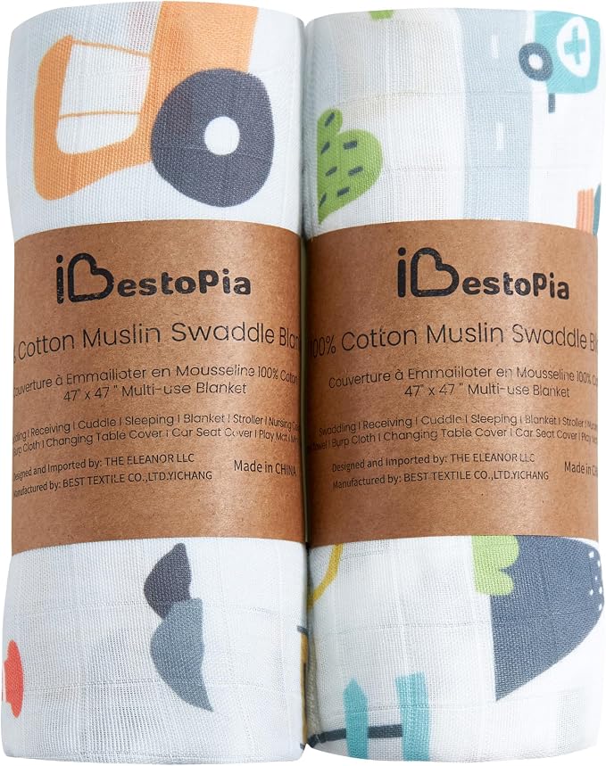 2-Pack Muslin Swaddle Blankets 47x47-100% Cotton Breathable Receiving Blankets for Newborn Baby, Soft Swaddling Wraps, Build & Drive