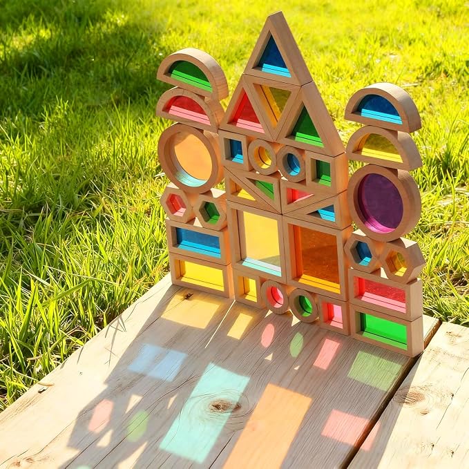 Wooden Building Blocks Set with Colored Acrylic Windows - 32 Pieces - Montessori Light Table Educational Sensory Stacking Toys for Toddlers & Preschoolers Ages 18M+