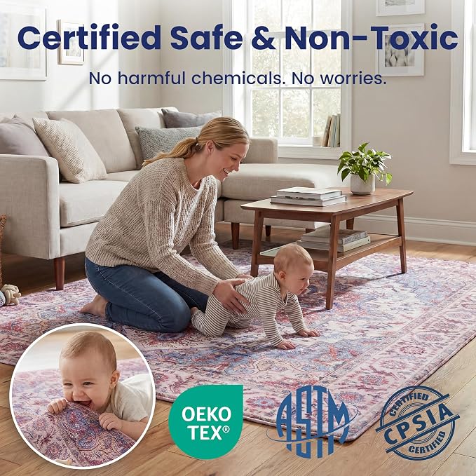 Huloo Sleep Baby Play Mat for Floor - 79x118 Inches 1.3" Thick Elasti-Foam Playpen Mat for Toddlers Infant Kids, Water-Repellent Nursery Rug, Non-Slip Backing for Crawling & Tummy Time, Boho Blue
