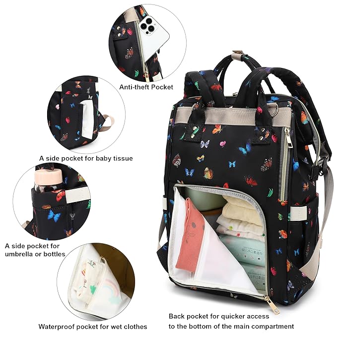 Butterfly Diaper Bag Backpack for Baby Girls, Mom Waterproof Large Nappy Bags for Women