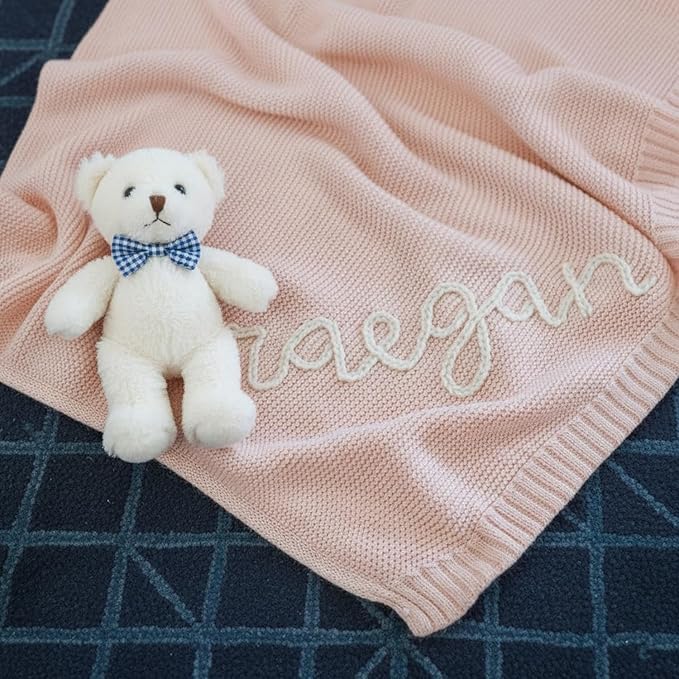 Luxury Personalized Name Baby Blanket, Hand-Embroidered Name Baby Blanket, Soft Breathable Cotton Knit Kids Blankets, Newborn Kid Gift, New Mom Gifts, Newborn Kids Girl & Boy Gift 11