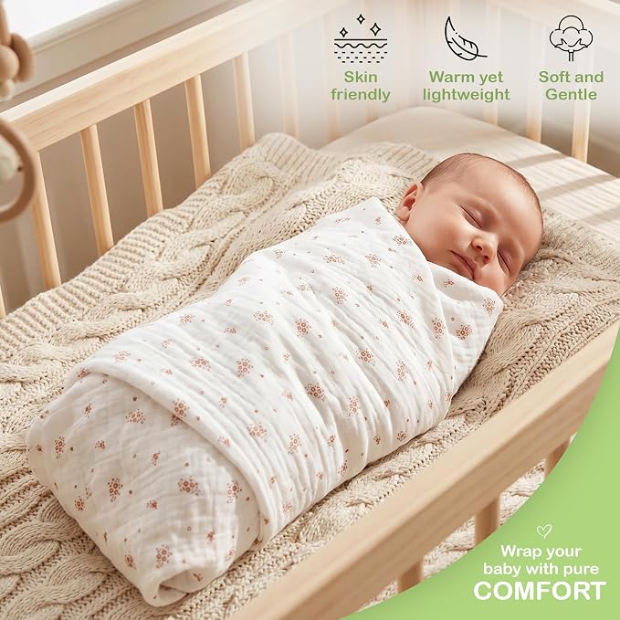 Organic Muslin Baby Blanket 3-Pack Olive, Cinnamon & Wildflower, 38x40 Inch 100% Organic Cotton Oeko-TEX Certified Ultra-Soft Swaddle Blankets for Newborn, Baby Girl Shower Gift Set