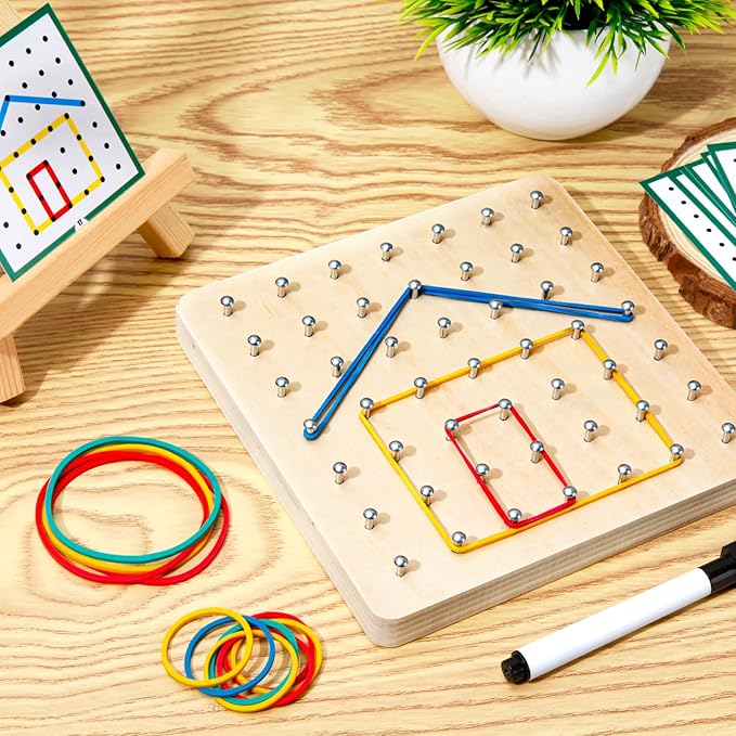 HEELWIRE Wooden Geoboard,Montessori Toy,Graphical Mathematical Education Toy for Kids with Pattern Cards and Rubber Bands to Figures and Shapes, Brain Teaser STEM Toy Geo Board (6 * 6 * 0.6 in)